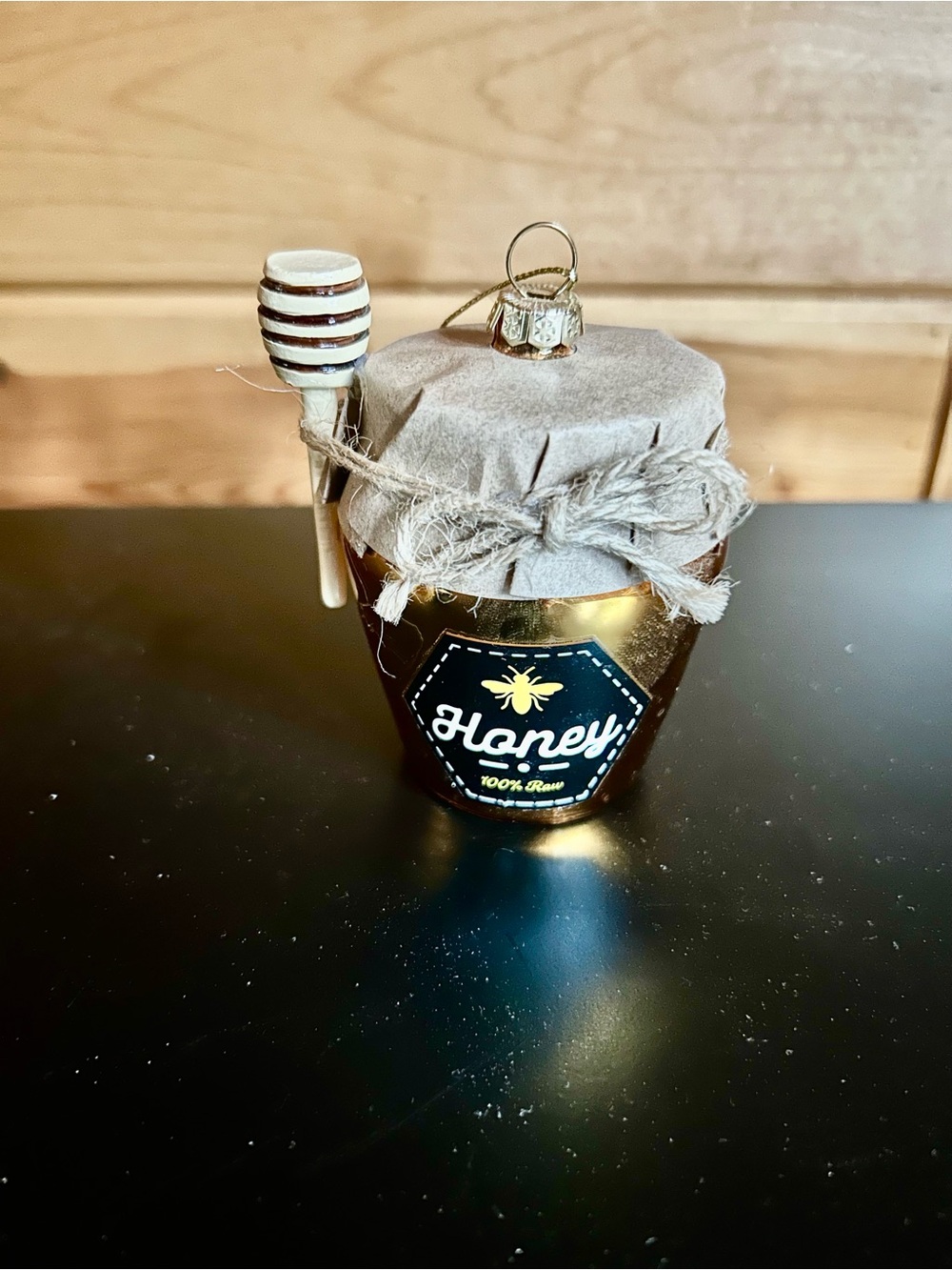 Honey 🍯🐝🍯 Jar Ornament with Honey Dipper - Gold & Brown